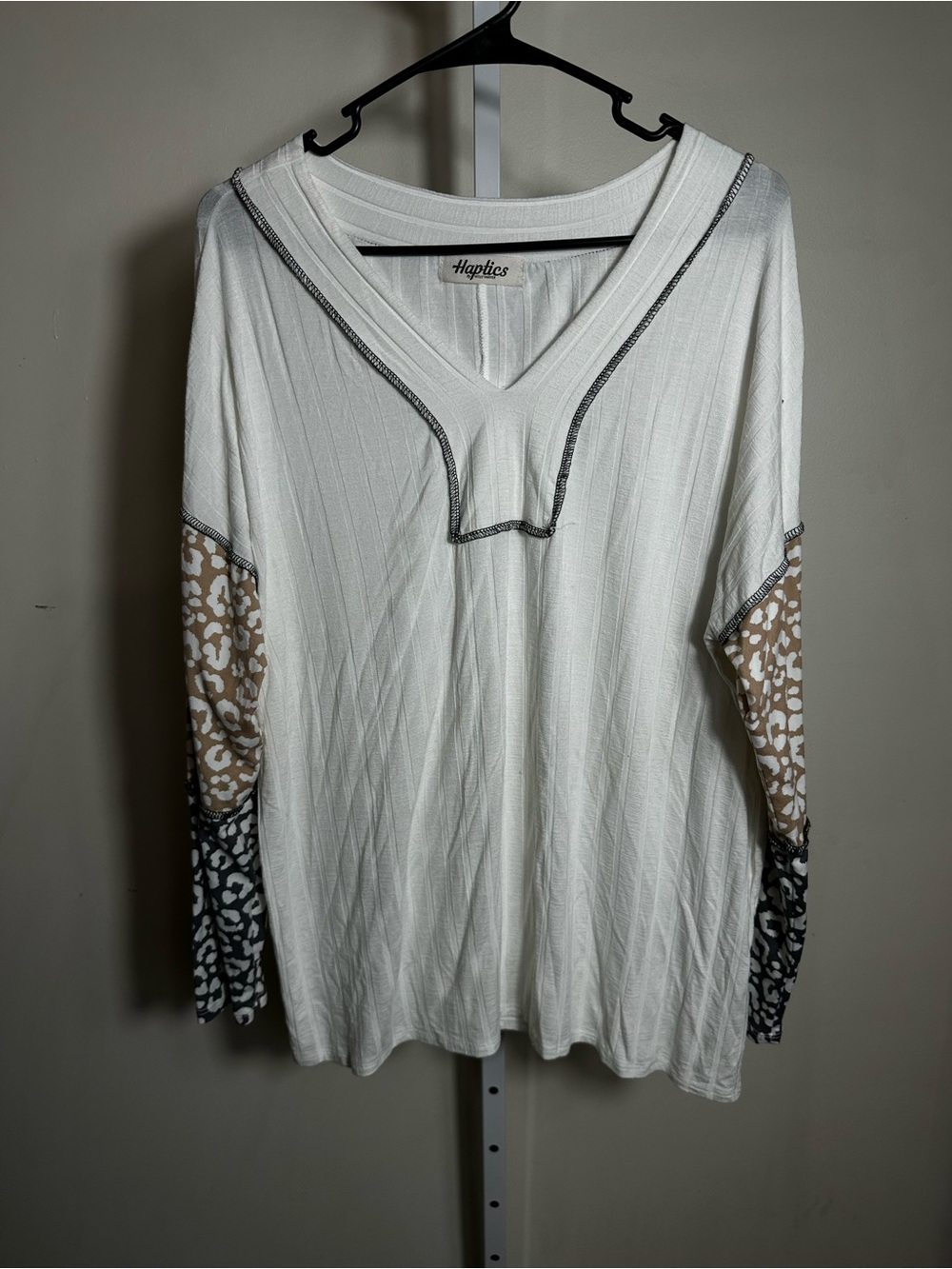 S102. Haptics by Holly Harper V-Neck Tunic Knit Top with Leopard Print Sleeves